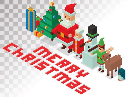 Santa Claus, Missis Claus, helpers family isometric 3d  icons vector illustration. Santa Claus, Missis Claus, deer, snowman, elf boy cartoot. Christmas 3d pixel art traditional costume Santa Claus family. Santa Claus family iconsのイラスト素材