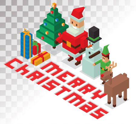 Santa Claus, Missis Claus, helpers family isometric 3d  icons vector illustration. Santa Claus, Missis Claus, deer, snowman, elf boy cartoot. Christmas 3d pixel art traditional costume Santa Claus family. Santa Claus family iconsのイラスト素材