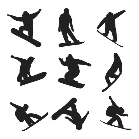 Snowboarder jumping different pose black, white icons white background. Snowboard people tricks. Snowboarder tricks. Special snowboard tricks isolated on white.Snowboard tricks vector illustration. Snowboarder isolatedのイラスト素材