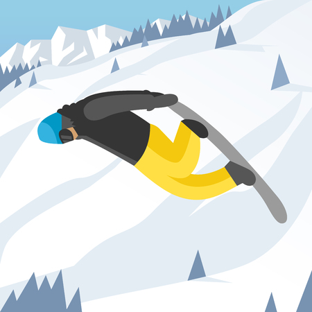 Snowboarder jumping pose on winter outdoor background. Snowboard people tricks. Snowboarder tricks. Special snowboard tricks isolated silhouette. Snowboard tricks vector illustration. Snowboarder jumpingのイラスト素材