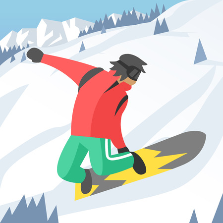 Snowboarder jumping pose on winter outdoor background. Snowboard people tricks. Snowboarder tricks. Special snowboard tricks isolated silhouette. Snowboard tricks vector illustration. Snowboarder jumpingのイラスト素材