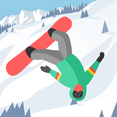 Snowboarder jumping pose on winter outdoor background. Snowboard people tricks. Snowboarder tricks. Special snowboard tricks isolated silhouette. Snowboard tricks vector illustration. Snowboarder jumpingのイラスト素材