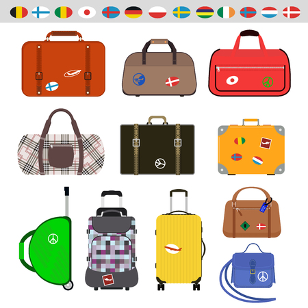 Travel bags vector illustration. Travel bags isolated on white background. Travel bags collection. Travel bags stickers, labels, flags. Different countries travel flags. Travel bags for traveling. Travel bags vectorのイラスト素材
