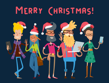 Business team people Christmas greeting card. Partners greeting card command people isolated.Design studio people Christmas holidays.Team santa red hat group portrait. Holiday business people isolatedのイラスト素材