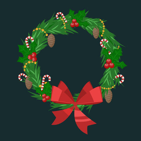 Christmas tree wreath flat vector isolated on dark. Christmas tree wreath vector. New Year wreath isolated. Christmas wreath vector illustration. New Year wreath silhouette. Christmas decoration, balls, tree, green wreathのイラスト素材