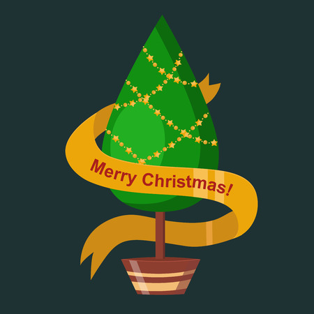 Christmas tree pot flat design vactor icon isolated on dark. Christmas tree vector. New Year tree isolated. Christmas tree vector illustration. New Year tree silhouette. Christmas decoration, balls, tree, green treeのイラスト素材
