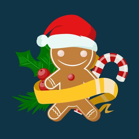 Christmas sweet cake boy in Santa red hat flat design vactor icon isolated. Christmas cake vector. New Year tree decoration cake man. Christmas tree cake man illustration. New Year cake man. Christmas decoration, balls, treeのイラスト素材