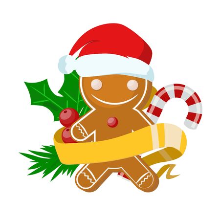 Christmas sweet cake boy in Santa red hat flat design vactor icon isolated. Christmas cake vector. New Year tree decoration cake man. Christmas tree cake man illustration. New Year cake man. Christmas decoration, balls, treeのイラスト素材