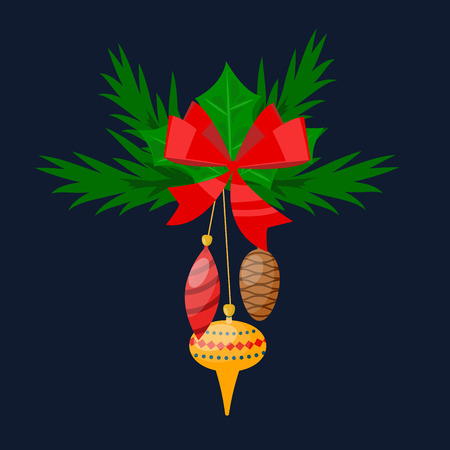 Christmas tree twig with toys flat design vactor icon isolated. Christmas twig tree. New Year tree twig. Christmas tree twig vector illustration. New Year tree twig silhouette. decoration ballsのイラスト素材