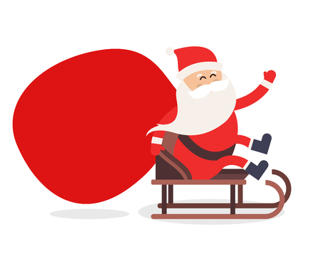 Cartoon Santa Claus gift sack delivery illustration. Santa Claus drive sled isolated. Santa gift sack vector, Santa cloth, Santa red hat, Santa sledge. Santa Claus vector cartoon gift sackのイラスト素材