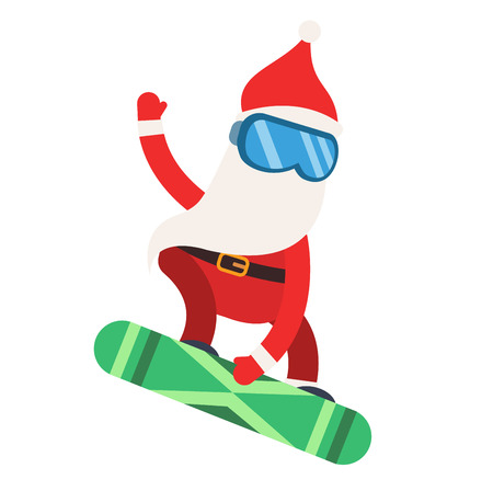 Cartoon extreme Santa snowboarder winter sport illustration. Santa Claus winter sport snowboarder jumping. Winter sport snow board. Santa healthy, Santa active, Santa red hat, Santa snowboard. Santa Claus snowboarderのイラスト素材