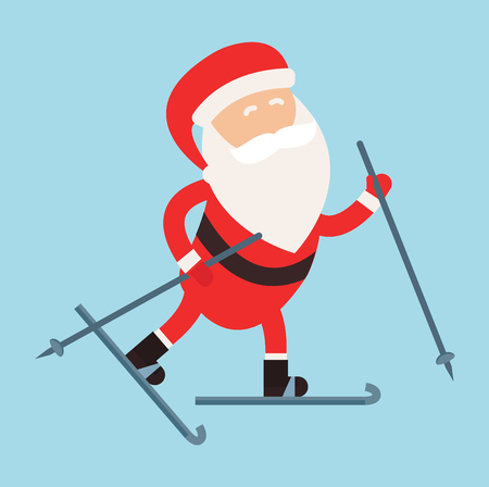 Cartoon Santa winter sport illustration. Santa Claus ski run isolated illustration. Winter sport games. Santa healthy, Santa cloth, Santa red hat, Santa ski. Santa Claus vector sportsmanのイラスト素材