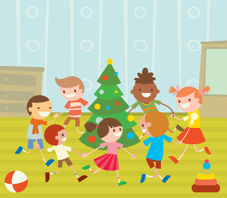 Children round dancing Christmas tree in baby club illustration. のイラスト素材