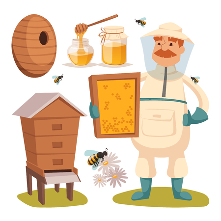 Apiary beekeeper vector illustrations. のイラスト素材