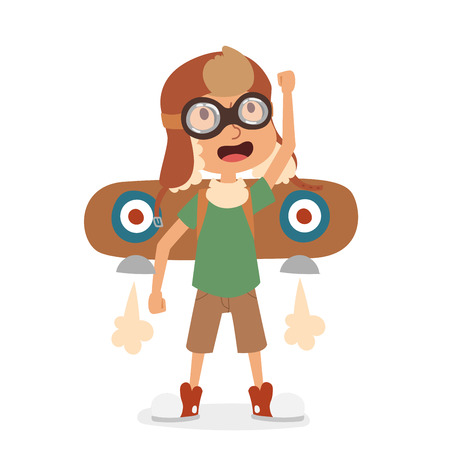 Small cartoon vector kids playing pilot aviation. のイラスト素材