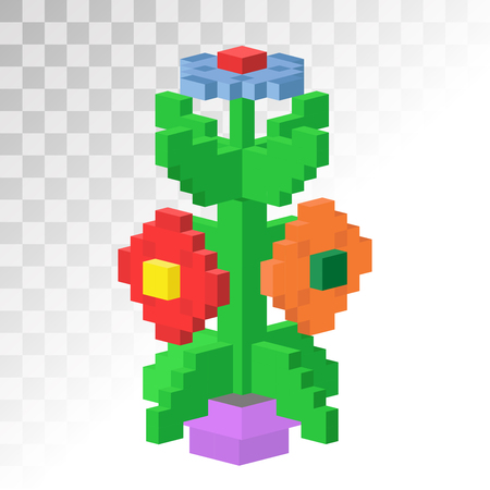 3d isometric vew flower stable pixel art vector icon. Flower bricks construction flower. Game art square flower garden isolated on white grid. Flower, nature, love. Beauty abstract flower 3d icon isolatedのイラスト素材