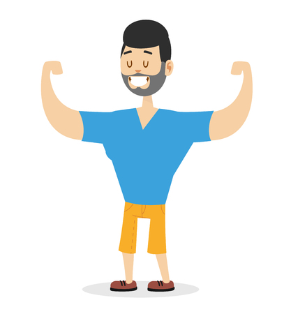 Teen power strong man athlete illustration on white background. Cartoon sportsman, man vector. Young bearded man hipster. Vector bearded athlete man isolated. Strong human bodyのイラスト素材