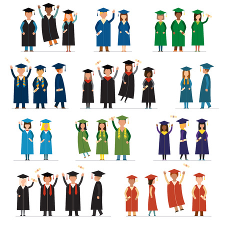 Graduate people flat silhouette vector icons. Graduation university flat people icons. Flat graduate education people icons isolated. Graduation education dress people iconsのイラスト素材