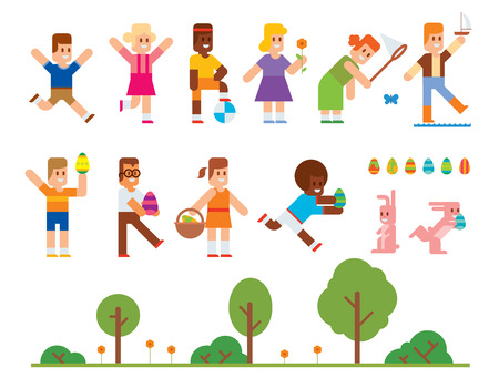 Spring Easter kids playing outdoor. Easter eggs, Easter bunny rabbit. Easter kids play vector icons. Easter children playing. Spring, love, childhood. Easter icons, kids isolatedのイラスト素材