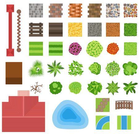 Landscaping garden design elements. Landscaping plants, landscaping trees vector icons isolated. Landscaping plan vector elements icons. Landscape garden design constructor. Landscaping designのイラスト素材