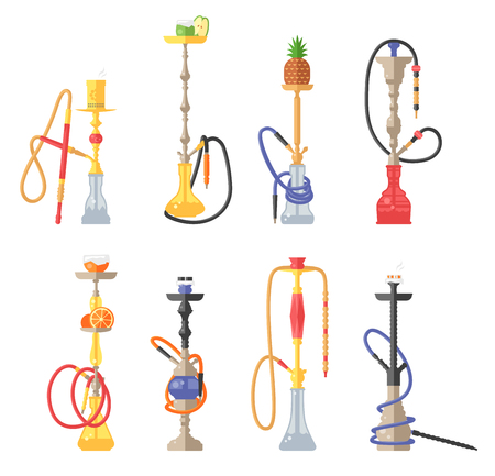 Hookah vector icons illustration. Set of hookah vector icons isolated on white background. Hookah vector collection icons. Arabic flat style hookah tobacco tools icons. Smoking hookah vectorのイラスト素材