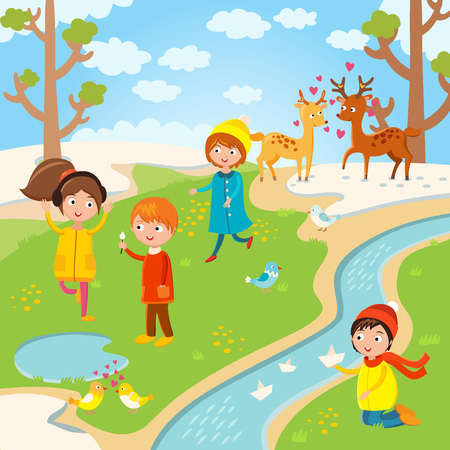 Spring or summer kids playing outdoor. Nature, holidays children. Kids play vector. Children playing. Spring, summer, love, childhood and friends. Kids playing vector. Boys, girls nature vectorのイラスト素材