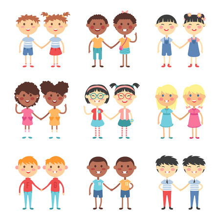 Vector cute cartoon twins brothers and sisters. Twin kids isolated. Small twin kids, children twin couples. Kids posing. Twin children vector people isolated. Twin kids holding handsのイラスト素材