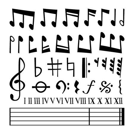 Music note black silhouette vector icons collection. Music notes black vector. Music notes silhouette. Music vector notes set. Music sign, music notes vector symbolsのイラスト素材