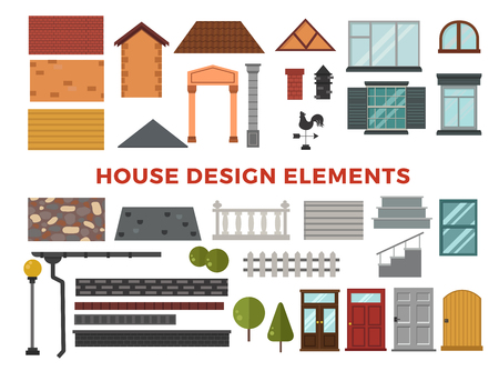 Family house vector design elemets. House building elements isolated on white background. Cottage home house building elements. House vector, house building. Cottage house construction elementsのイラスト素材