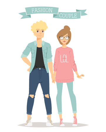 Beautiful cartoon couple fashion clothes models look standing over white background. Cartoon fashion people young couple. Modern beauty look. Some modern clothesのイラスト素材