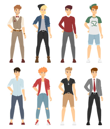 Beautiful cartoon fashion boy models look standing over white background. Cartoon fashion young man. Modern beauty look. Some modern clothesのイラスト素材