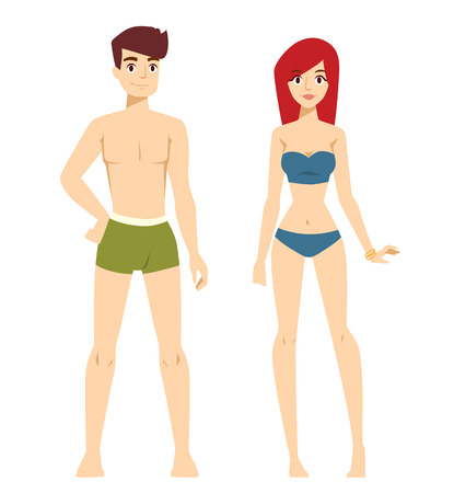Beautiful vector cartoon nude couple fashion without clothes models look standing over background. Cartoon fashion people young couple. Modern beauty  couple modelのイラスト素材