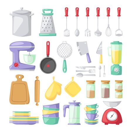 Kitchen dishes vector flat icons isolated on white background. Kitchen sign tools, kitchen tools. Everyday dishes icons. Kitchen symbols isolatedのイラスト素材