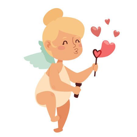 Valentine Day cupid angel cartoon style vector illustration. Amur cupid kid playing. Cupid cartoon kid vector illustration, Cute playfull Valentine  cupid angel isolated on white backgroundのイラスト素材