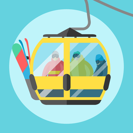 Snowboarder sitting in ski gondola and lift elevators. Winter sport resort background. Snowboard people rest. Snowboarder lifting. Special snowboard elevators. Ski elevators vector. Snowboard jumpのイラスト素材