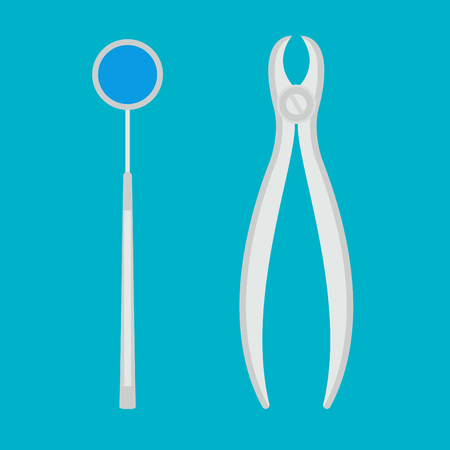 Vector dental equipment. Accessory medicine tool dentist in the office. Dental mirror. Dental pliers. Dental equipment dental mirror and dental pliers. Dental equipment on a blue backgroundのイラスト素材