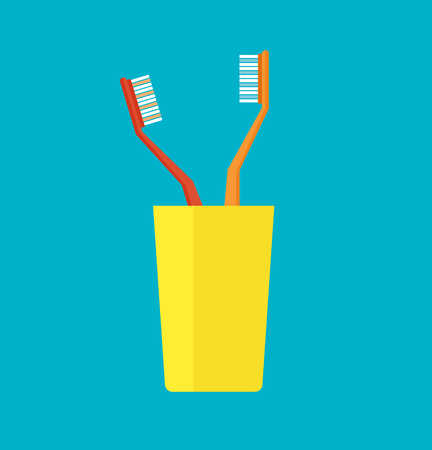 Tooth brush vector. Teeth and Tooth brush modern vector illustration.Flat design modern vector of tooth brush in a yellow cup. Isolated toothbrushes. Healthcare vector with tooth brushes.のイラスト素材