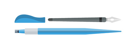 Vector artist brushes isolated on white. Artist brush design concept set with art tools and materials flat icons isolated vector illustration. Used artist paint brushes. Artist brush creative drawing.のイラスト素材