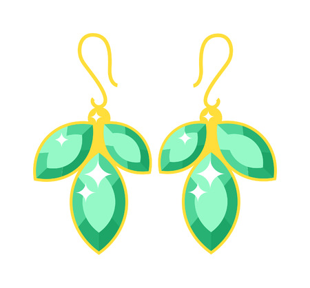 Emerald earrings flowers gold accessory isolated. Emerald elegant earrings on white background. Luxury emerald earrings. Glamour decoration.のイラスト素材