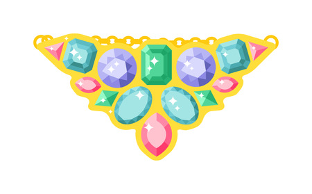 Gold necklace isolated on white background. Gold necklace flat vector illustration. Necklace of precious stones. Beautiful rich jewelry. Luxurious gold necklace vector illustration. Colored gemstonesのイラスト素材