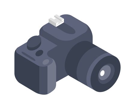 Photo camera vector icon isolated white background. Isometric vector photo camera in flat style taking photo. Isometric photo camera. Photo camera 3d isometric icon isolated. Photo camera icon symbolのイラスト素材