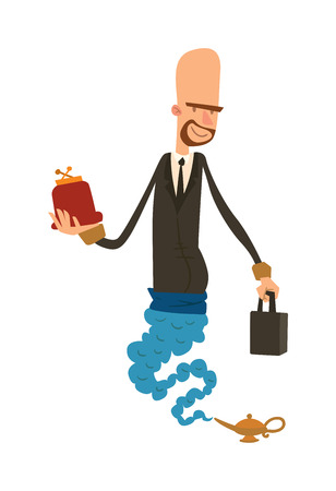 Cartoon business gin with wallet and purse coming out of magic lamp flat vector illustration. Vector cartoon business man-gin and magic lamp. Character business man flat magic vector.のイラスト素材
