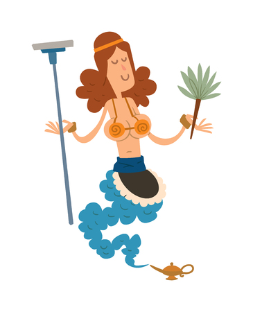 Cartoon cute cleaning girl gin coming out of a magic lamp flat vector illustration. Vector Cartoon cleaning girl gin and Magic Lamp. Character legend cleaning girl-gin people with mop and broom.のイラスト素材