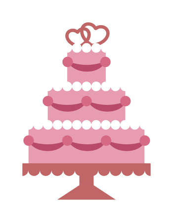 Wedding cake pink with hearts and beads flat vector. Wedding pie sweet dessert. Party food. Wedding pie event decoration food. Pie Food vector. Save the date flat design styleのイラスト素材