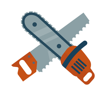 Hand saw and chainsaw flat vector isolated on white background. Saw wood processing tool. Flat hand saw tools, chainsaw equipment. Some saws icons design.のイラスト素材
