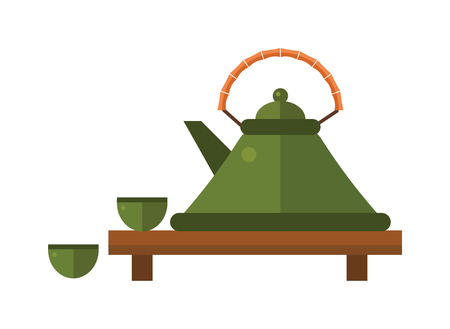 Chinese tea vector symbols. Tea set on white background. Traditional eastern teapot and teacups. Some traditional chinese tea ceremony. Chinese tea flat vector illustration set.のイラスト素材