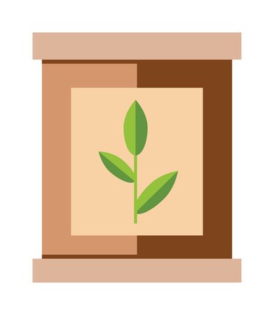 Tea pack with green tea leaf food packaging vector illustration. Packaging tea bag. Paper tea pack. Brown paper tea pack. Container tea pack. Tea pack cartoon vector. Tea pack. Tea pack box with green tea leaf.のイラスト素材