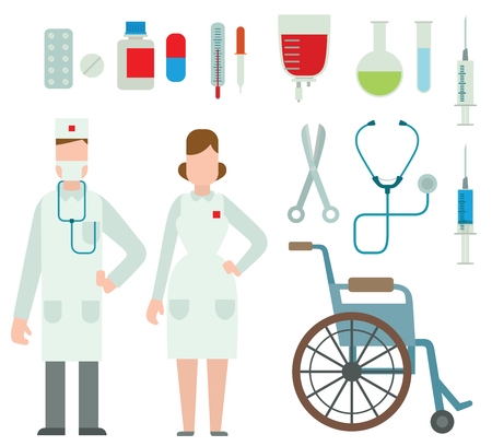 Vector illustration of flat colored ambulance doctors icons. Flat doctors and healthcare symbols. Medical and hospital icons, people in medicineのイラスト素材