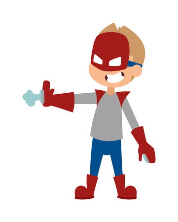 Super hero little boy in mask, cute super hero boy vector. Illustration of super boy cartoon character vector. Young school kid super hero costume, power kidsのイラスト素材
