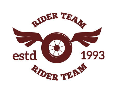 Motorcycle wheel label badge vector icon and moto club logo illustration. Moto club label logo with bike wheel, and wings. Bike club badge design elementのイラスト素材